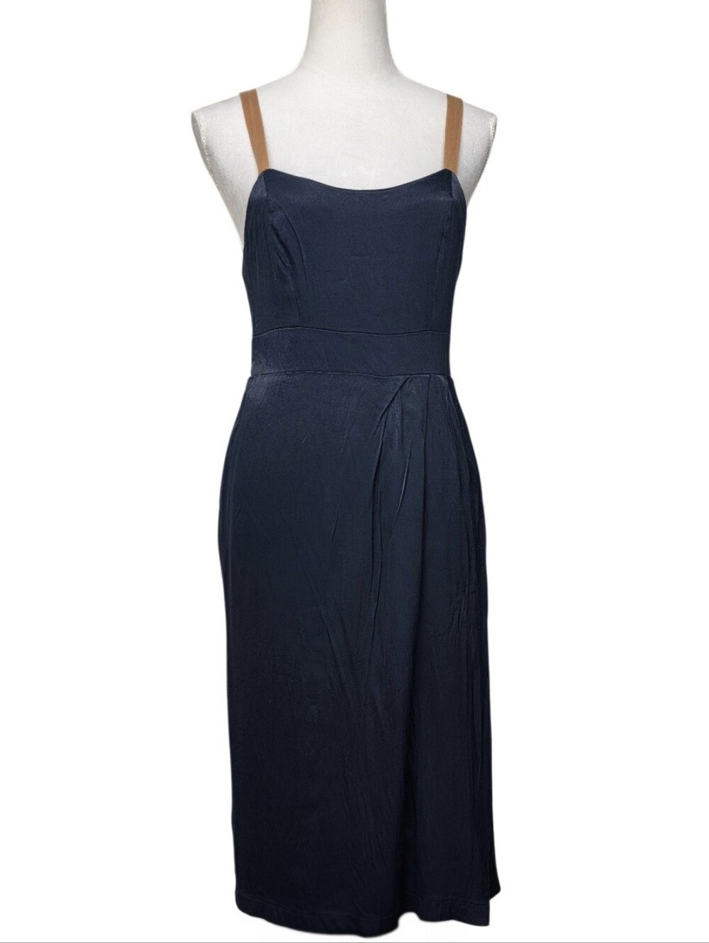 Anthropologie Navy Fitted Bodice Midi Dress with Tan Straps Size 6